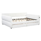 Lit de repos rembourré avec 2 tiroirs de rangement, cadre de canapé-lit queen size avec ports USB et support à lattes en bois