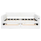 Lit de repos rembourré avec 2 tiroirs de rangement, cadre de canapé-lit queen size avec ports USB et support à lattes en bois