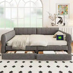 Lit de repos rembourré avec 2 tiroirs de rangement, cadre de canapé-lit queen size avec ports USB et support à lattes en bois