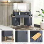 Coiffeuse moderne cannelée avec miroir triptyque et éclairage, Coiffeuse