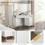 Coiffeuse moderne cannelée avec miroir triptyque et éclairage, Coiffeuse