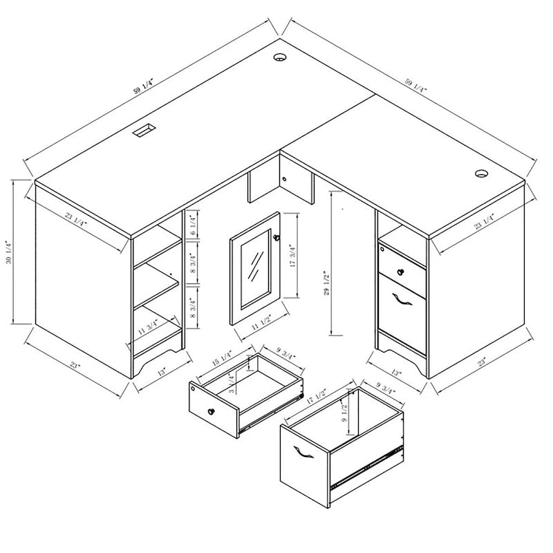 Bureau d'ordinateur d'angle de 59 pouces de style transitionnel avec US