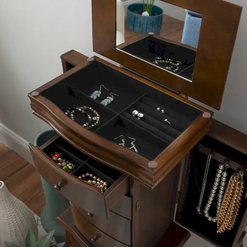 Armoire à bijoux sur pied en noyer et miroir