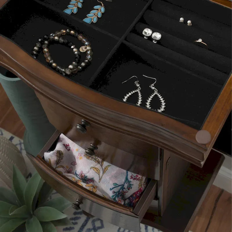 Armoire à bijoux sur pied en noyer et miroir