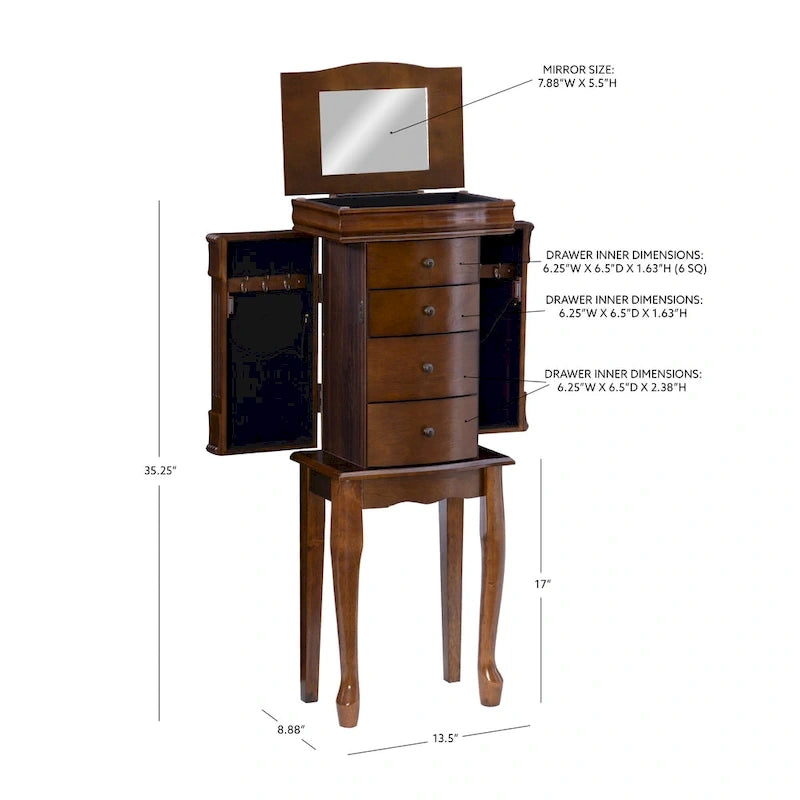 Armoire à bijoux sur pied en noyer et miroir