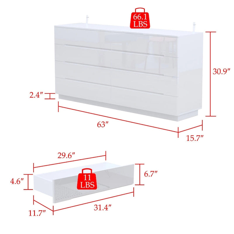 Commode double à 8 tiroirs avec tiroirs brillants, commode double légère