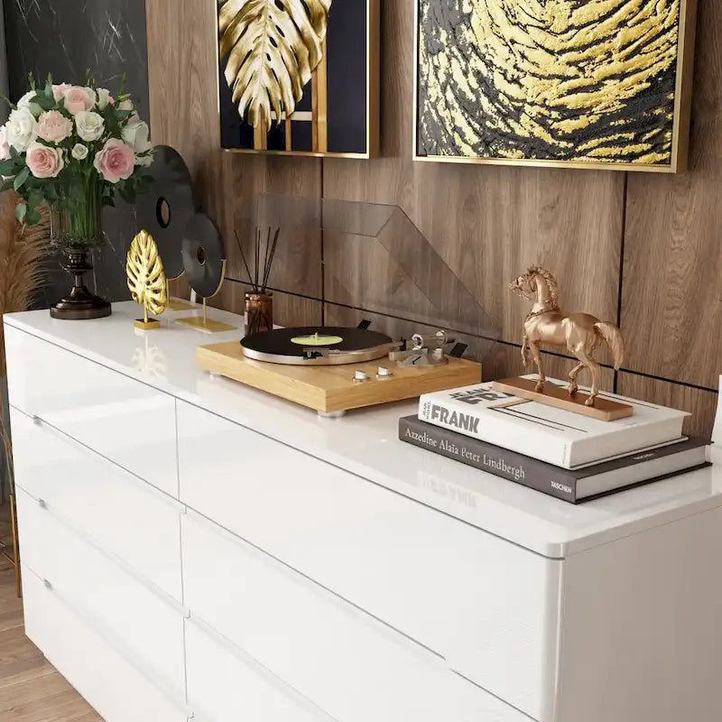 Commode double à 8 tiroirs avec tiroirs brillants, commode double légère