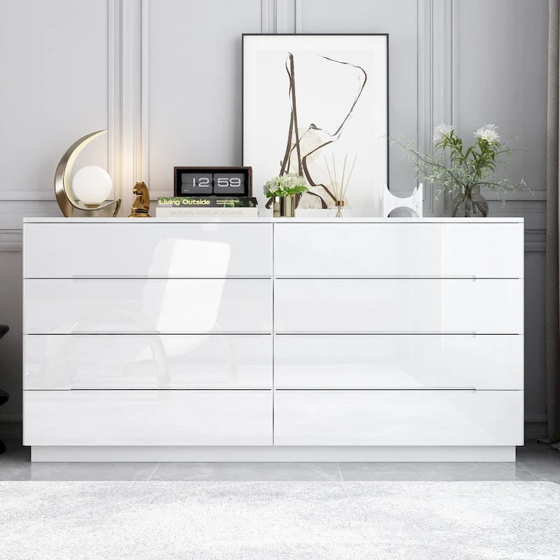 Commode double à 8 tiroirs avec tiroirs brillants, commode double légère
