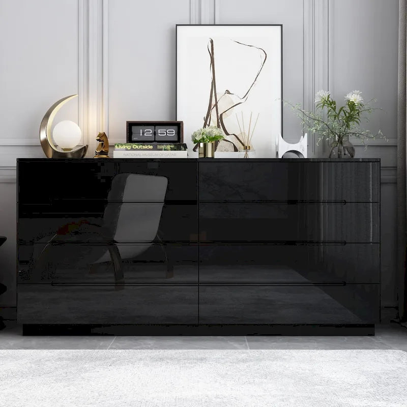 Commode double à 8 tiroirs avec tiroirs brillants, commode double légère
