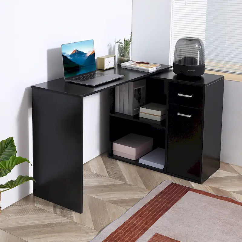 Bureau d'angle informatique en L avec étagères de rangement rotatives et tiroir pour la maison et le bureau