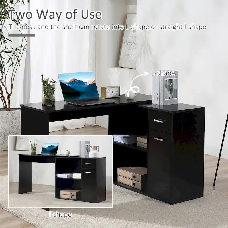 Bureau d'angle informatique en L avec étagères de rangement rotatives et tiroir pour la maison et le bureau