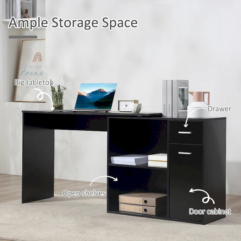 Bureau d'angle informatique en L avec étagères de rangement rotatives et tiroir pour la maison et le bureau