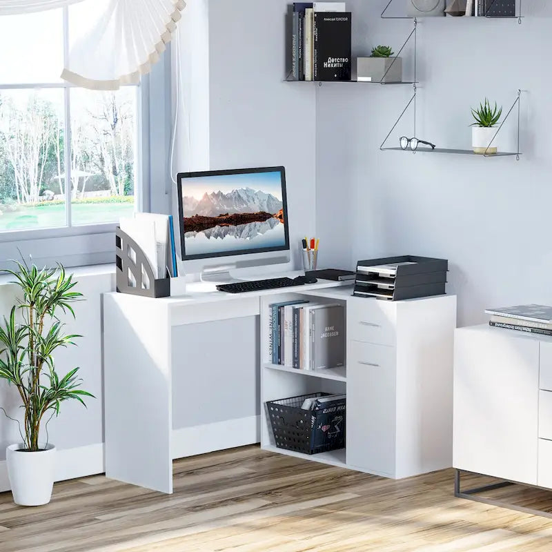 Bureau d'angle informatique en L avec étagères de rangement rotatives et tiroir pour la maison et le bureau