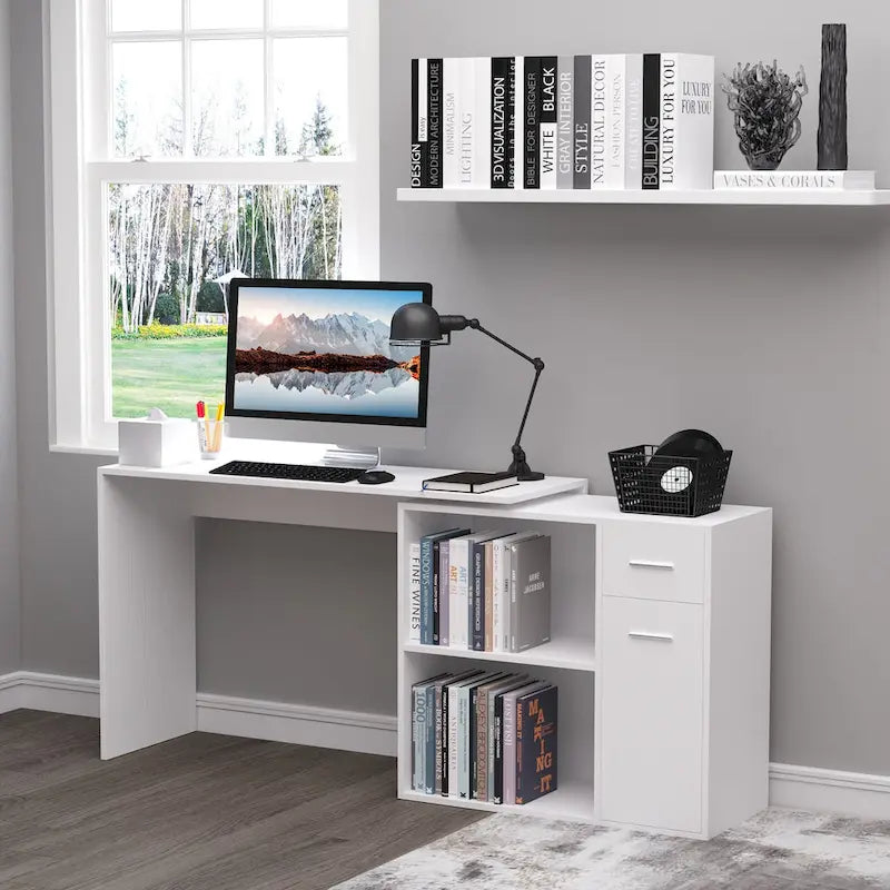 Bureau d'angle informatique en L avec étagères de rangement rotatives et tiroir pour la maison et le bureau