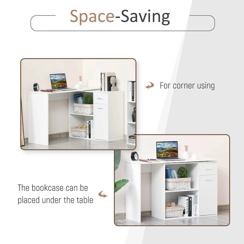 Bureau d'angle informatique en L avec étagères de rangement rotatives et tiroir pour la maison et le bureau