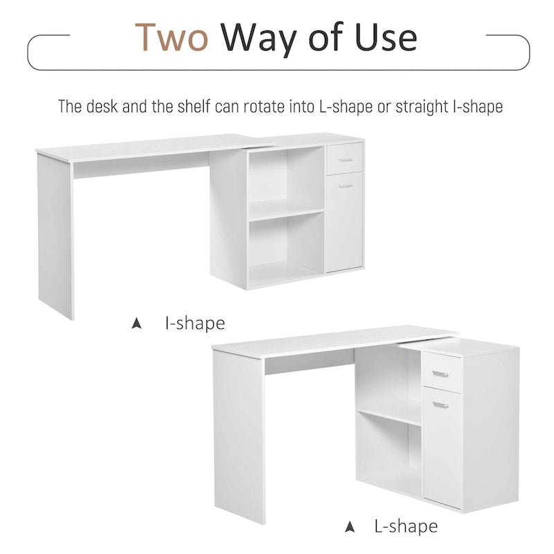 Bureau d'angle informatique en L avec étagères de rangement rotatives et tiroir pour la maison et le bureau