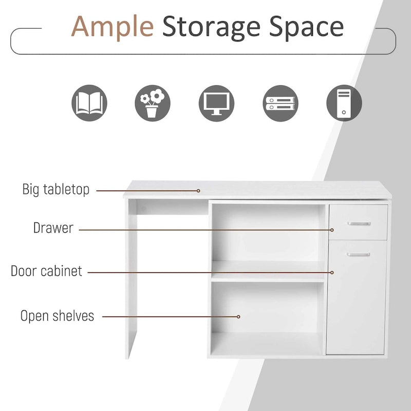 Bureau d'angle informatique en L avec étagères de rangement rotatives et tiroir pour la maison et le bureau
