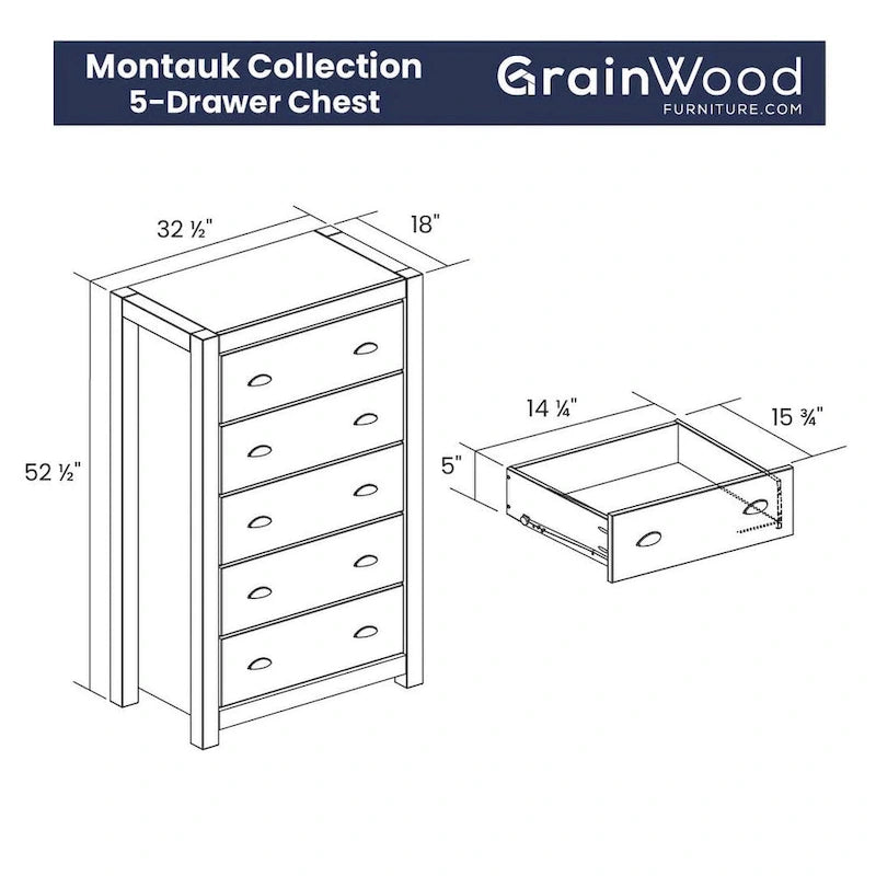 Grain Wood Furniture Commode en bois massif à 5 tiroirs
