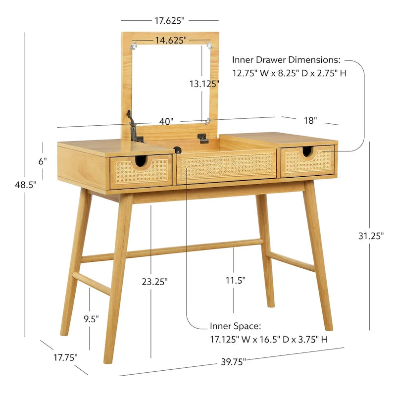 Meuble-lavabo en bois naturel avec 2 tiroirs en rotin