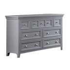 Commode de 142 cm, 7 tiroirs coulissants, bois gris, poignées rondes en nickel