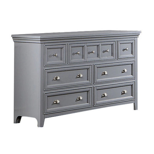 Commode de 142 cm, 7 tiroirs coulissants, bois gris, poignées rondes en nickel