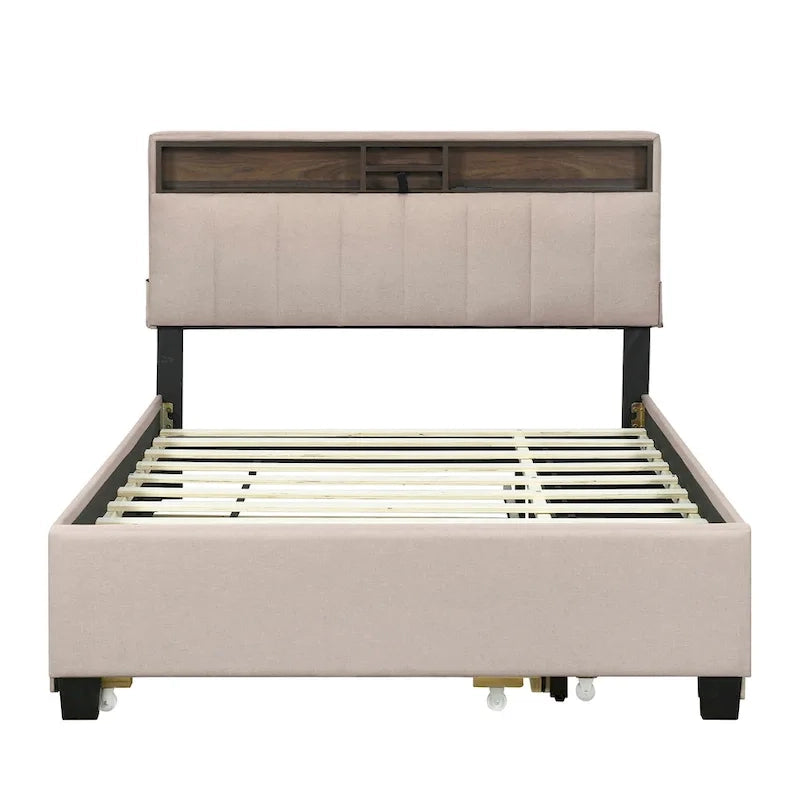Lit plateforme rembourré avec tête de lit de rangement
