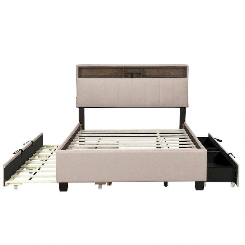 Lit plateforme rembourré avec tête de lit de rangement