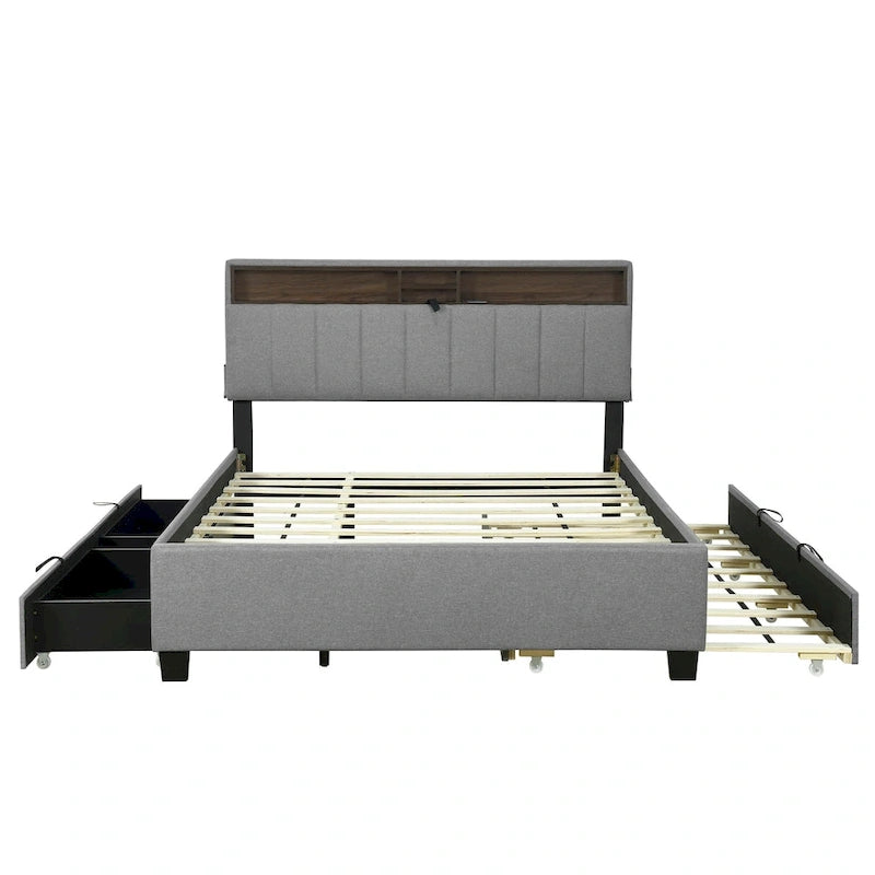 Lit plateforme rembourré avec tête de lit de rangement