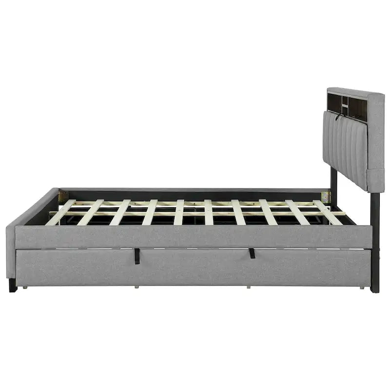 Lit plateforme rembourré avec tête de lit de rangement