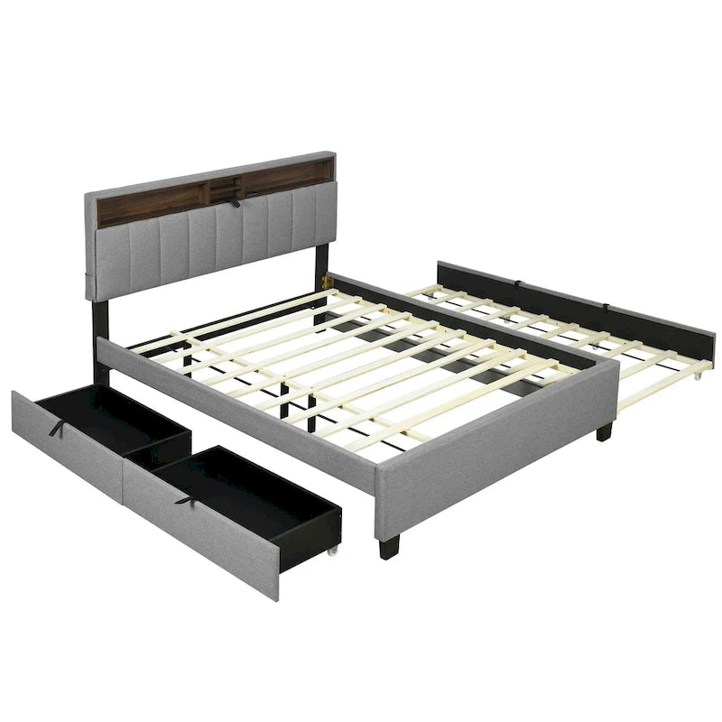 Lit plateforme rembourré avec tête de lit de rangement