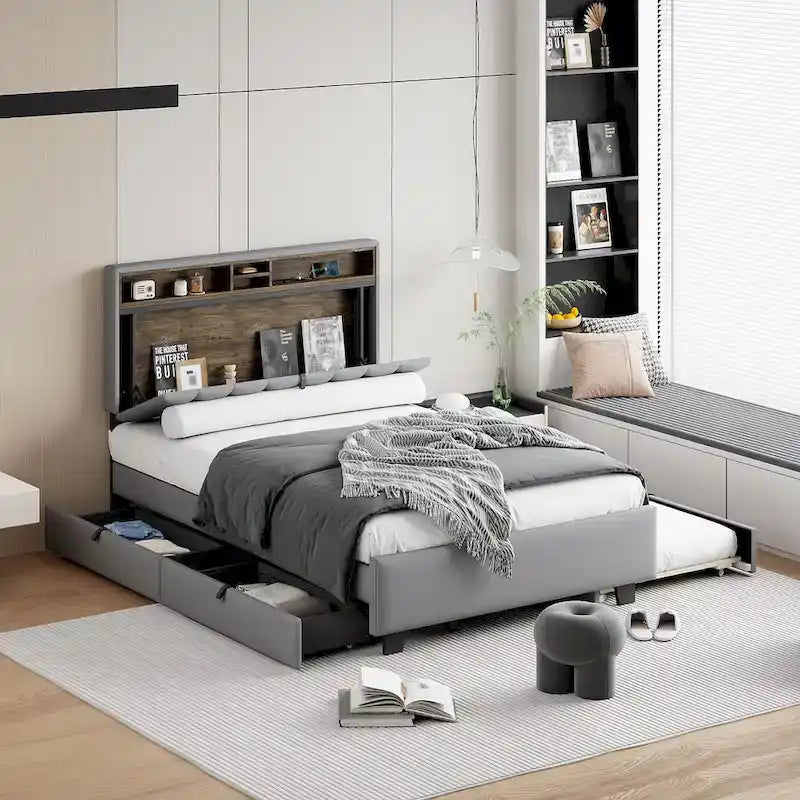 Lit plateforme rembourré avec tête de lit de rangement