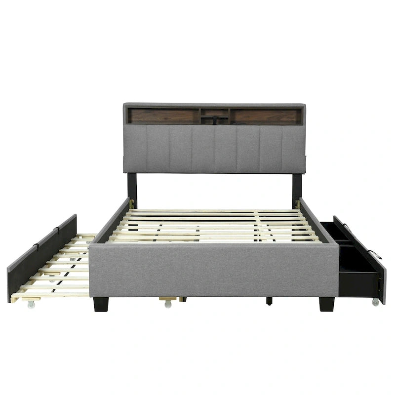 Lit plateforme rembourré avec tête de lit de rangement