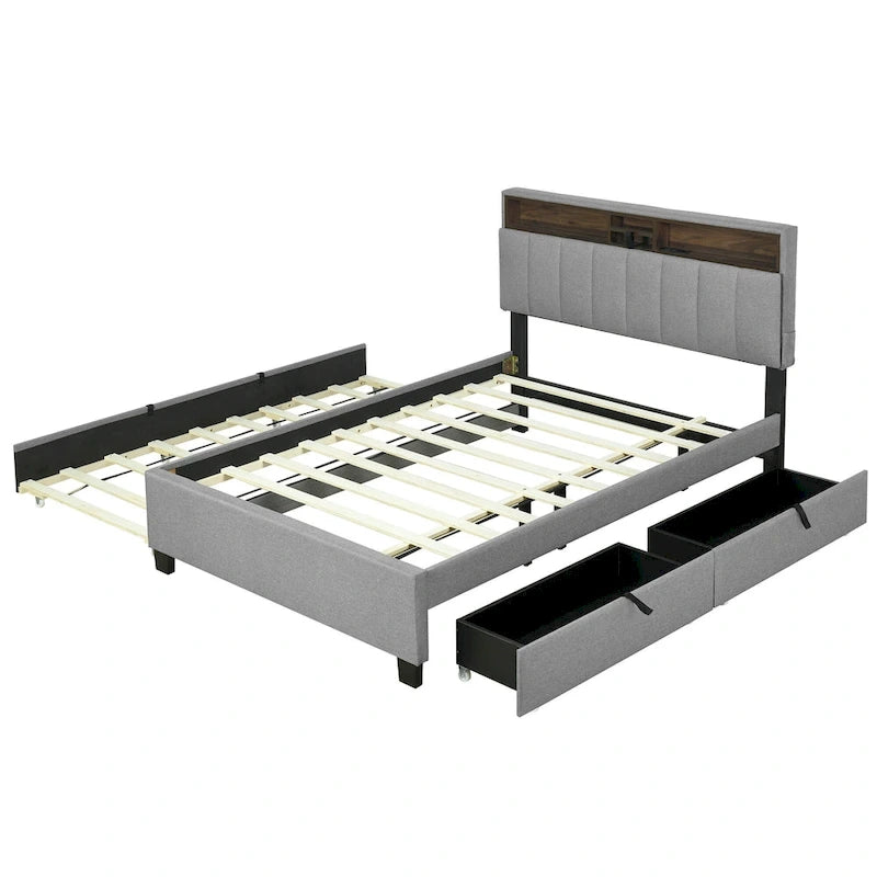 Lit plateforme rembourré avec tête de lit de rangement