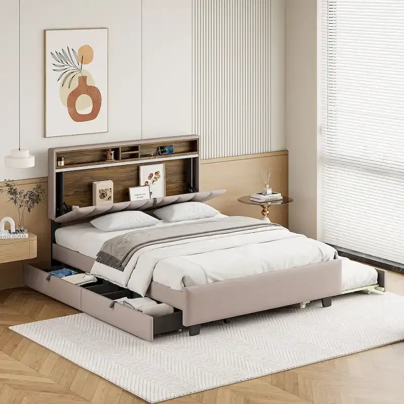 Lit plateforme rembourré avec tête de lit de rangement