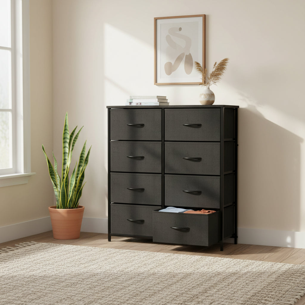 Bedroom Storage with 8 Drawers Tall Dresser & Chest of Drawers Fabric Dresser with Wood Top and Sturdy Steel Frame