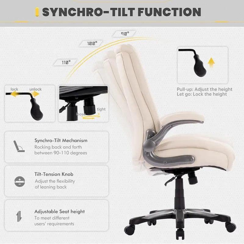 Chaise de bureau pivotante ergonomique pour ordinateur, accoudoirs rabattables, siège large et épais, support lombaire renforcé, capacité de 180 kg pour la maison et le bureau