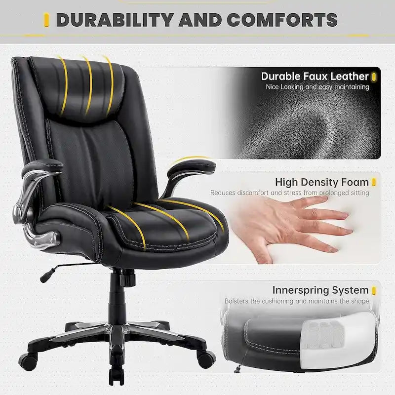 Chaise de bureau pivotante ergonomique pour ordinateur, accoudoirs rabattables, siège large et épais, support lombaire renforcé, capacité de 180 kg pour la maison et le bureau