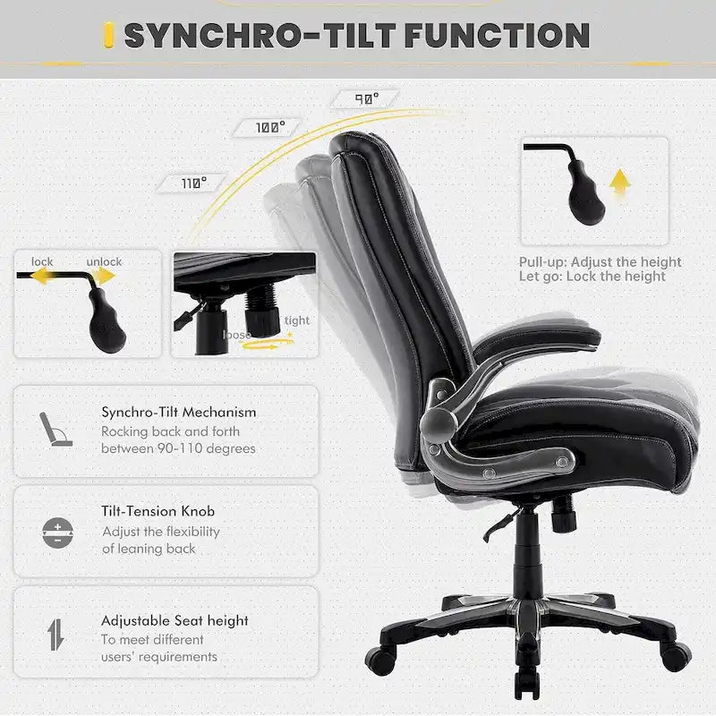 Chaise de bureau pivotante ergonomique pour ordinateur, accoudoirs rabattables, siège large et épais, support lombaire renforcé, capacité de 180 kg pour la maison et le bureau