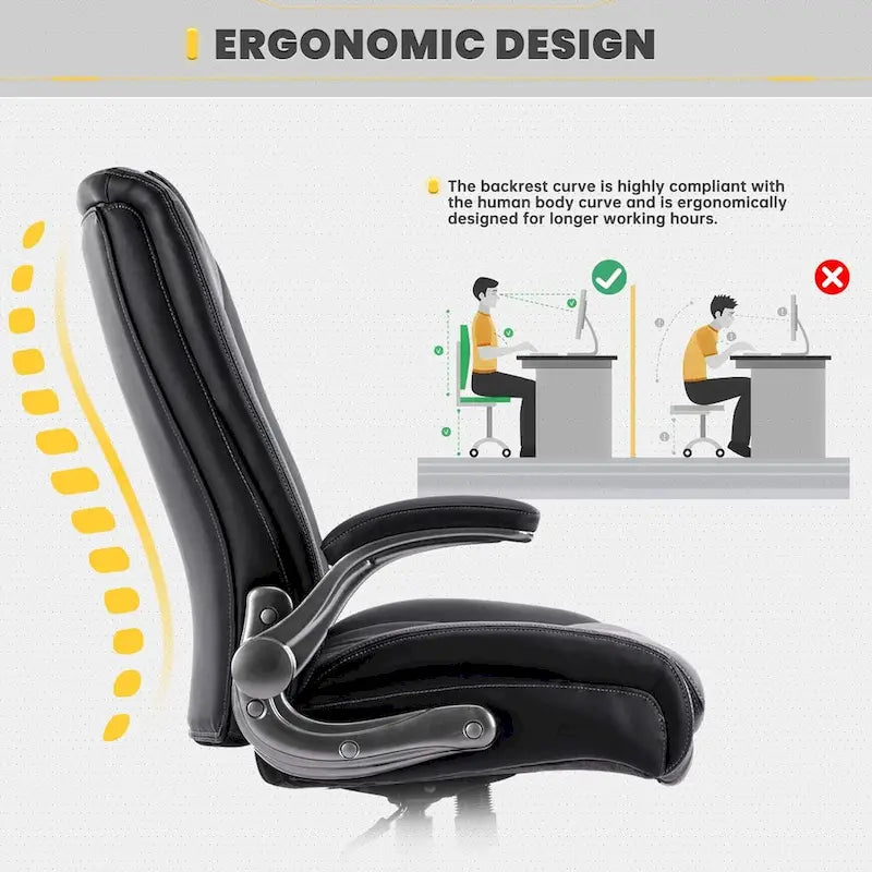 Chaise de bureau pivotante ergonomique pour ordinateur, accoudoirs rabattables, siège large et épais, support lombaire renforcé, capacité de 180 kg pour la maison et le bureau