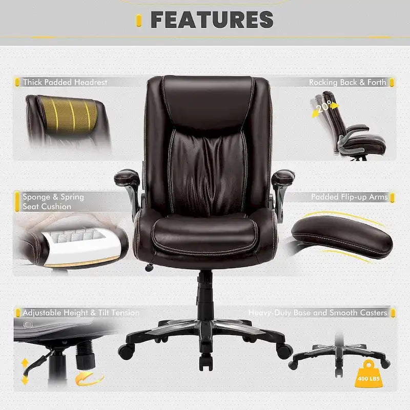 Chaise de bureau pivotante ergonomique pour ordinateur, accoudoirs rabattables, siège large et épais, support lombaire renforcé, capacité de 180 kg pour la maison et le bureau