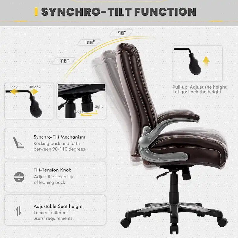 Chaise de bureau pivotante ergonomique pour ordinateur, accoudoirs rabattables, siège large et épais, support lombaire renforcé, capacité de 180 kg pour la maison et le bureau