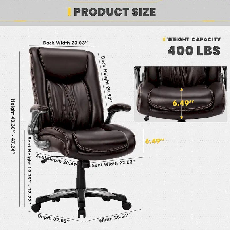 Chaise de bureau pivotante ergonomique pour ordinateur, accoudoirs rabattables, siège large et épais, support lombaire renforcé, capacité de 180 kg pour la maison et le bureau